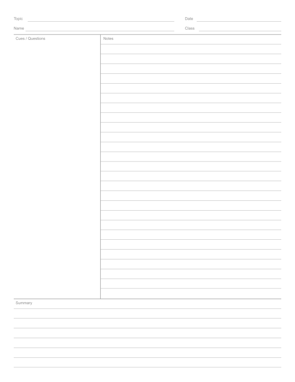 Classic Cornell notes printable, college ruled, 2.5 in cue column